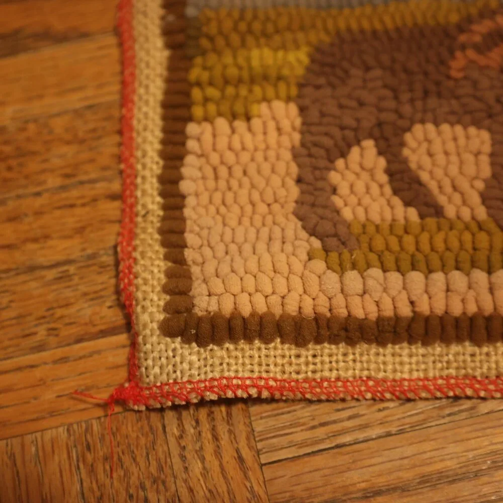 Vintage Hand Hooked Moose Rug Mat 9x9 Primitive Folk Art Cabin Lodge Wall Hangin